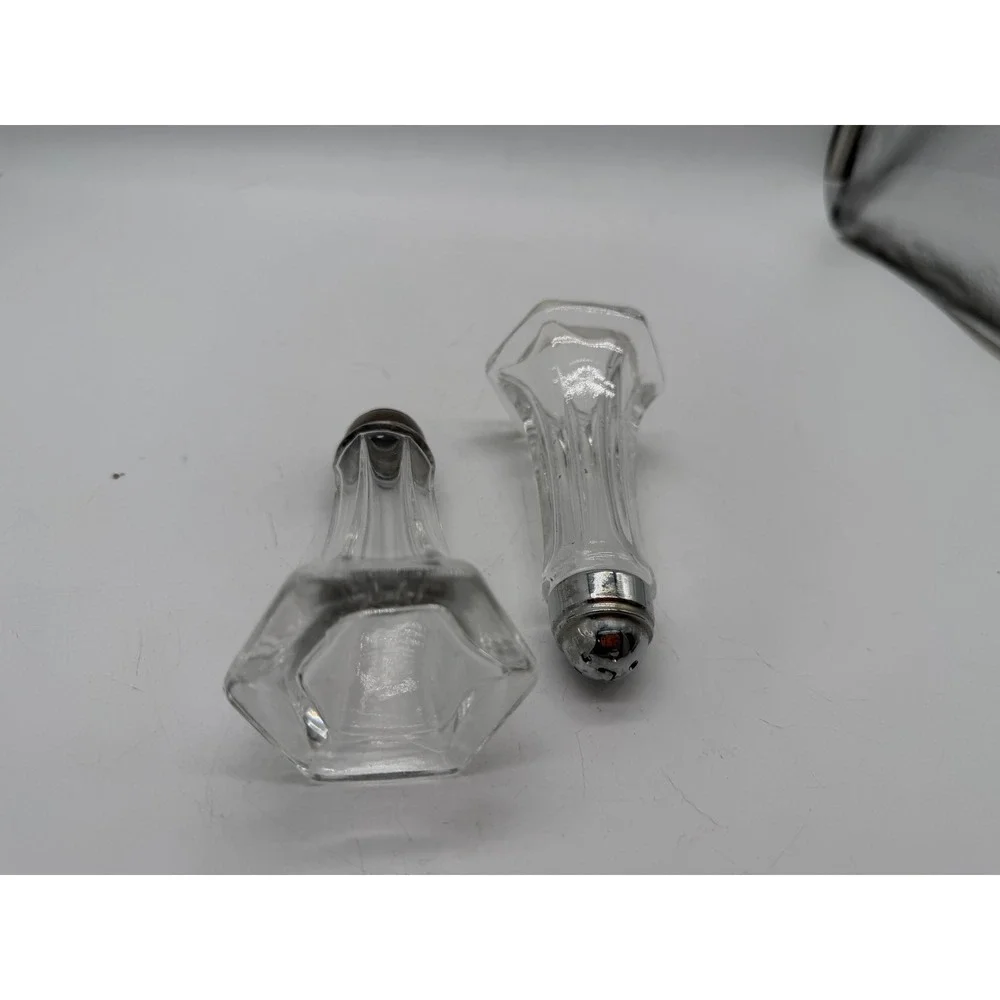 Vintage Paneled Clear Glass Salt and Pepper Shakers Hexagon Base Set of 2